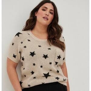Torrid Star Print Sweater Cream Black Short Sleeve Plush Knit Plus Size 4X